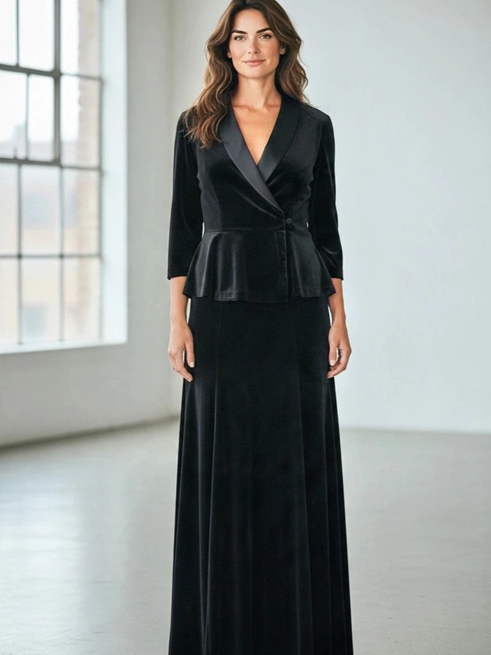 Alex Evenings Velvet Side-Button Satin-Lapel Blouse and Maxi Skirt Black XL